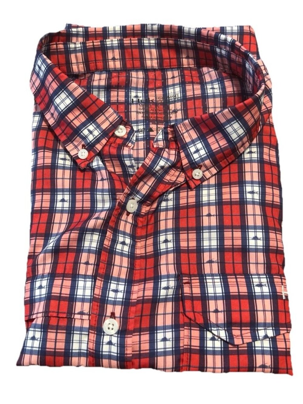 Huk Men’s Large Plaid Red,White,Blue Button Down Short Sleeve Fishing Shirt